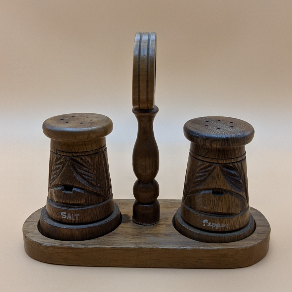 MCM Wooden Salt & Pepper Shaker Set with Holder
